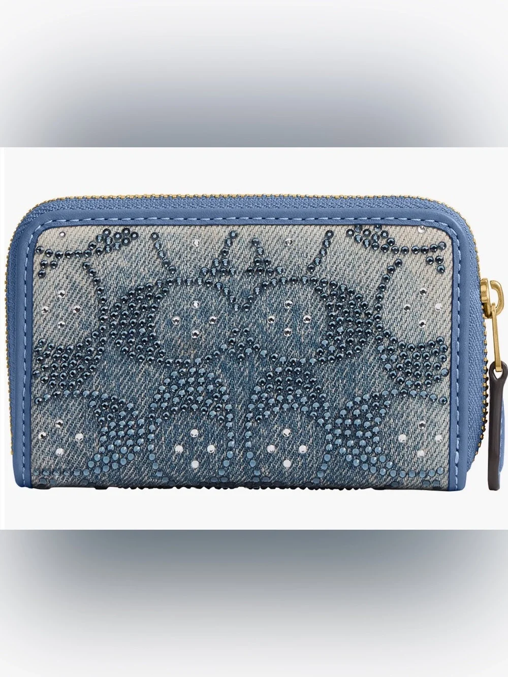 Coach Denim Crystal-Studded Zip Wallet in Light Blue